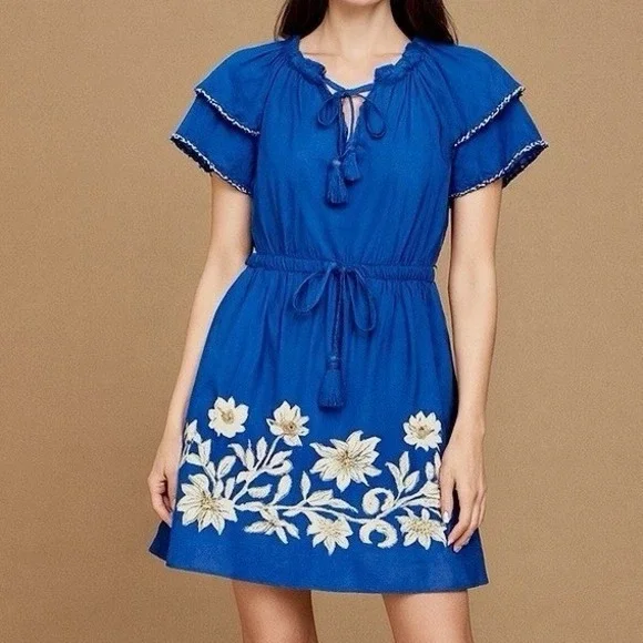 Olivia James Medium Mini Dress 100% Cotton Blue Western Boho Peasant Ruffle Bow - Picture 1 of 5